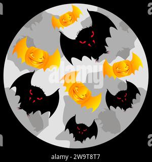 Halloween theme. A flock of bats and pumpkins with wings on the background of the moon. Night black background. Vector illustration. Stock Vector