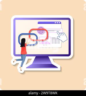 Affiliate link sticker illustration. Clicking on affiliate link on monitor computer screen. Vector sticker illustration on white background. Stock Vector