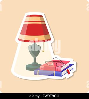 Bed Lamp sticker illustration. Lamp, books, light, glasses. Editable vector graphic design. Stock Vector