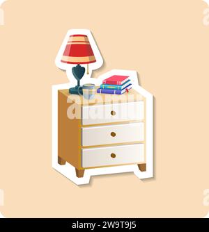 Pedestal sticker illustration. Lamp, books, nightstand, cup. Editable vector graphic design. Stock Vector