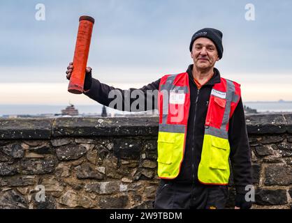 Edinburgh Castle,  Edinburgh, Scotland, UK, 30 December 2023, Edinburgh Hogmanay: Revellers will party into 2024 with entertainment throughout the city centre. Pyrotechnic wizards Titanium once again design and prepare for one of the world’s best New Year firework displays, launched from the ramparts of Edinburgh Castle. The Hogmanay event is celebrating its 30th year. Credit Sally Anderson/Alamy Live News Stock Photo