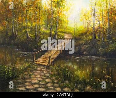 Original  oil painting of beautifl autumn landscape, forest,mountains  and river  with wooden bridge on canvas.Modern Impressionism, modernism,marinis Stock Photo