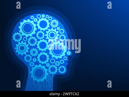 Artificial intelligence or AI technology A robot that uses the AI brain to learn and act. To help respond to users The internal gear is a series of ge Stock Vector