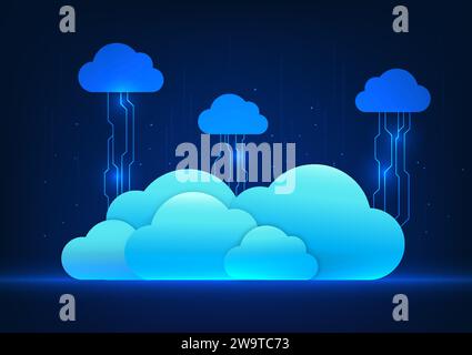 Cloud technology The cloud is a system for data storage, cyber processing, and services via the internet. The clouds are overlaid and connected by tec Stock Vector