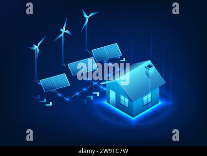 Renewable energy technology Electrical energy obtained from nature Wind energy from wind turbines Solar energy from solar cells where electricity ente Stock Vector