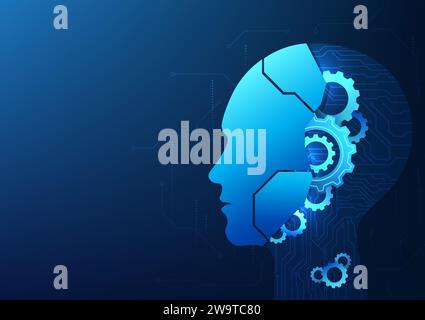 Artificial intelligence technology A robot with an AI brain that learns information and responds to user needs. The robot's brain is a cog with a tech Stock Vector