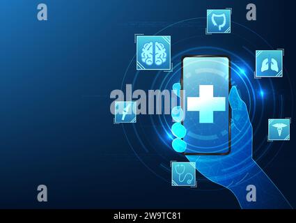 Telemedicine medical technology background through smartphone showing medical icons Shows basic treatment of illnesses with a doctor, talking, and vid Stock Vector