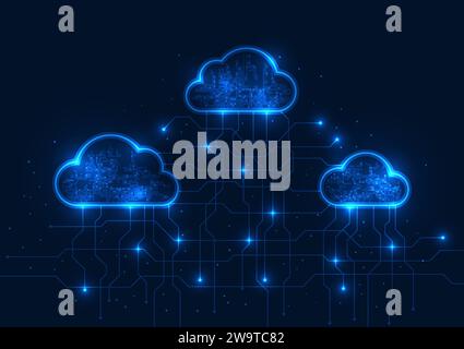 Cloud technology background cloud storage system cyber processing together via internet signals Clouds connected by technological circuits Stock Vector