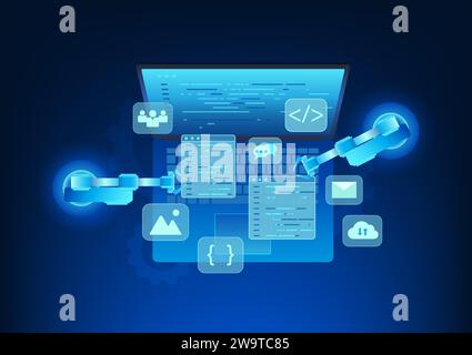 Software technology Software developers who write programs use artificial intelligence to help write code. used in industrial factories Laptop screen Stock Vector