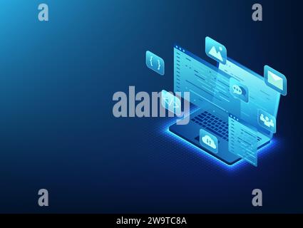 Software technology Software developer who writes programs for operating machines in industrial factories. and public places Laptop screen is software Stock Vector
