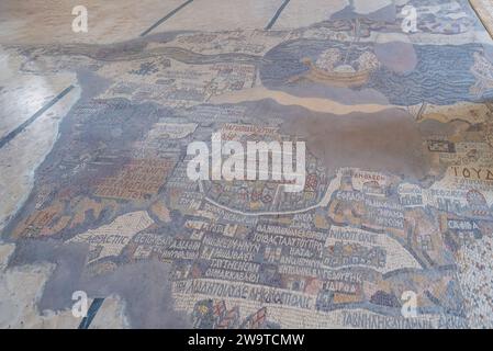 The mosaic map depicts part of the Middle East and contains the oldest surviving original cartographic depiction of the Holy Land Stock Photo