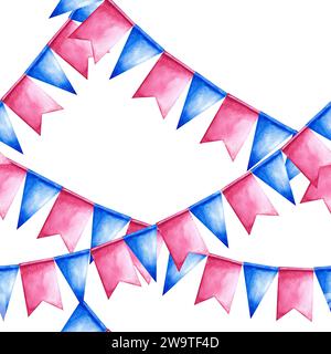 seamless pattern with festive flags and garlands. Hand-made watercolor illustration. For greeting cards, holiday decorations, gift wrapping paper Stock Photo