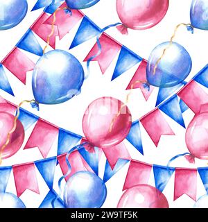 Seamless pattern with festive flags, garlands and balloons in blue and pink. Handmade watercolor illustration. For greeting cards, holiday decorations Stock Photo