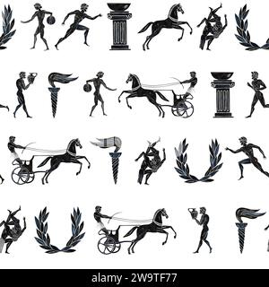 Seamless pattern with ancient Greek athletes. In the style of ancient Greek painting. Hand-painted watercolor. Black silhouettes of athletes. For text Stock Photo