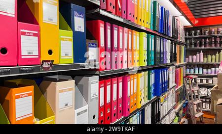office document folders standing in a row at book store. Bekasi, Indonesia, December 30, 2023 Stock Photo