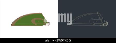 Vector Baseball field Technical Illustration line art on the blueprint Stock Vector