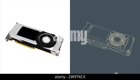 Vector GPU - VGA - Graphic card - Graphics processing unit line art, icon, background Stock Vector