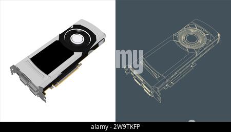 Vector GPU - VGA - Graphic card - Graphics processing unit line art, icon, background Stock Vector