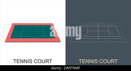 Vector Tennis Court modern minimalist line blueprint wireframe Stock Vector