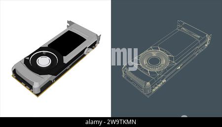 Vector GPU - VGA - Graphic card - Graphics processing unit line art, icon, background Stock Vector