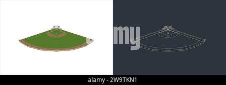 Vector Baseball field Technical Illustration line art on the blueprint Stock Vector