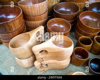 Wooden utensils lie on the fair counter Stock Photo