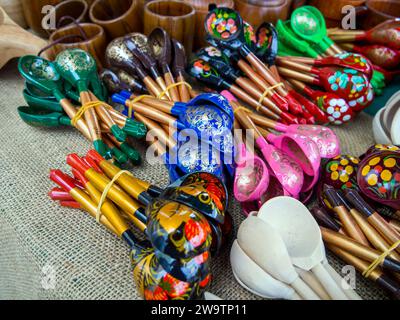 Voronezh, Russia - August 19, 2022: Painted wooden spoons at the craft fair Stock Photo