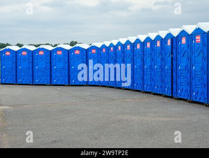 Voronezh, Russia - August 19, 2022: Many outdoor dry closets are installed on the square Stock Photo