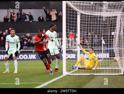 Luton, UK. 30th Dec, 2023. Elijah Adebayo of Luton Town celebrates scoring their second goal (2-3) during the Premier League match at Kenilworth Road, Luton. Picture credit should read: David Klein/Sportimage Credit: Sportimage Ltd/Alamy Live News Stock Photo