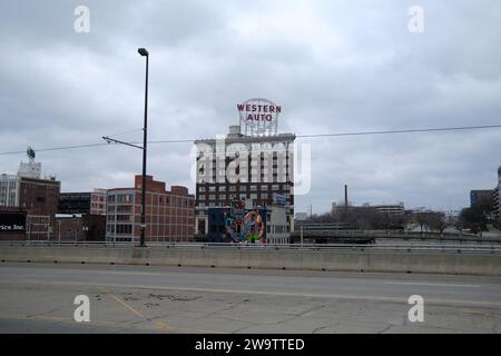 Kansas City Missouri - December 23, 2023: Western Auto Lofts in Downtown Kansas City Stock Photo