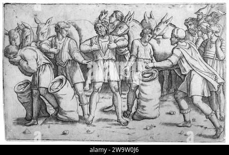 Joseph's cup found in Benjamin's sack from the biblical story of Joseph (Genesis 44); a scene with soldiers, mules and various figures 1917 by Giovanni Antonio da Brescia Stock Photo