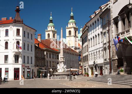 Bell towers of Ljubljana cathedral fountain and town hall in Ljubljana in Slovenia in Europe Stock Photo