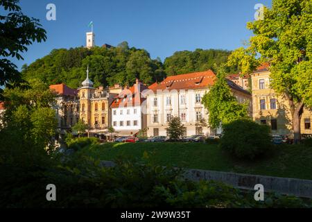 Riverside street below castle hill in Ljubljana in Slovenia in Eastern Europe Stock Photo
