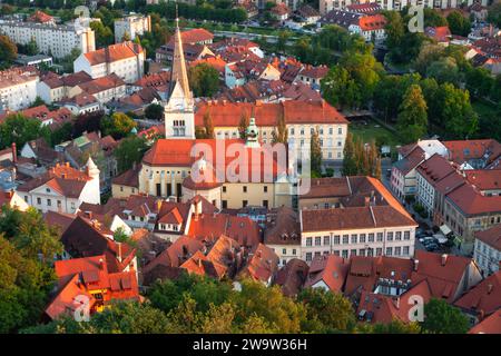 View down towards the old town from castle hill in Ljubljana in Slovenia in Eastern Europe Stock Photo