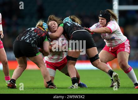 Gloucester’s Llecu George is tackled during the Allianz Premiership match at Twickenham Stadium, London. Picture date: Saturday December 30, 2023. Stock Photo