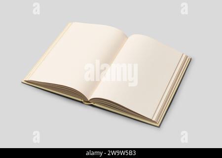 opened blank yellow hardcover book isolated on neutral gray background, mockup template graphic resource Stock Photo