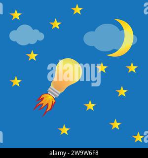 Light bulb flying like a rocket to the night sky Stock Vector