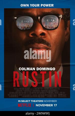 Rustin (2023) directed by George C. Wolfe and starring Colman Domingo, Chris Rock and Glynn Turman. Activist Bayard Rustin faces racism and homophobia as he helps change the course of Civil Rights history by orchestrating the 1963 March on Washington. Stock Photo