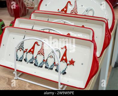 Voronezh - Russia, December 25, 2022: Ceramic trays with a pattern of gnomes Stock Photo