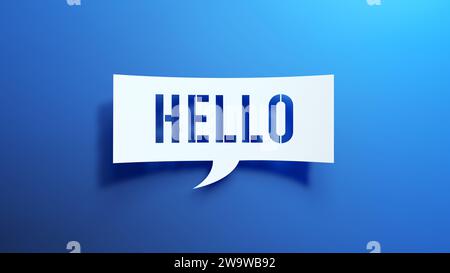 Hello - Speech Bubble. Minimalist Abstract Design With White Cut Out Paper on a Blue Background. 3D Render. Stock Photo