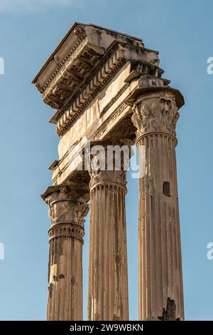 Part of an ancient Roman Building whit columns, capitals, and tablature. Stock Photo