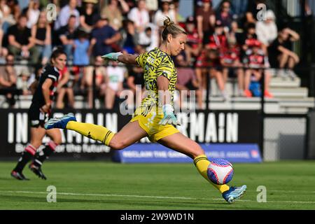 Rooty Hills, Australia. 30th Dec, 2023. Kaylie Ann Collins of Western Sydney Wanderers FC is seen in action during the Women's A-League 2023/24 season round 10 match between Western Sydney Wanderers FC and Melbourne Victory FC held at the Wanderers Football Park. Final score; Western Sydney Wanderers 2:0 Melbourne Victory FC. (Photo by Luis Veniegra/SOPA Images/Sipa USA) Credit: Sipa USA/Alamy Live News Stock Photo