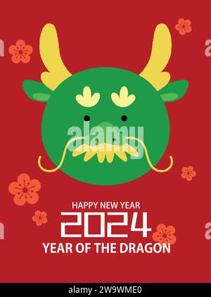 Happy chinese new year 2024, year of the dragon cute greeting card, funny asian dragon head with plums blossoms for lunar new year celebration. Stock Vector