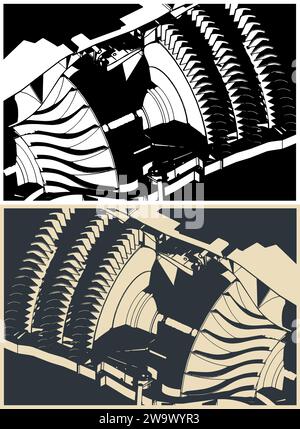 Stylized vector illustration of gas turbine structure close up Stock Vector