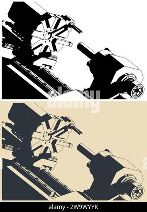 Stylized vector illustration of CNC lathe machine close up Stock Vector