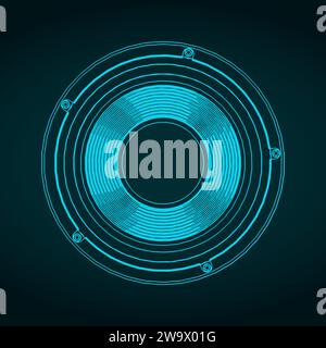 Stylized vector illustration of blueprint of a powerful subwoofer speaker Stock Vector