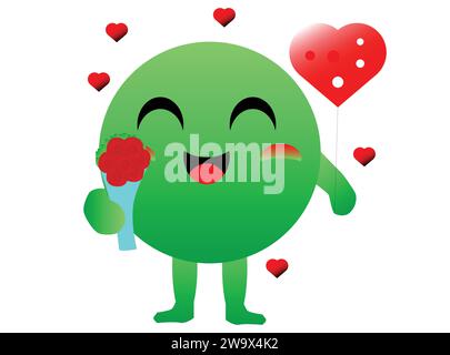 valentine's day celebration by cute green round characters carrying heart balloons and a bouquet of red rose Stock Vector