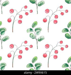 Seamless pattern with hand painted red circle berry and green leaves. Watercolor botanical illustration. Art for design wallpaper, textile Stock Photo