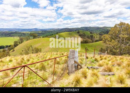 Australian landscape countryside in central west New South Wales, farming land and farm gate with views of Blue Mountains range,NSW,Australia Stock Photo