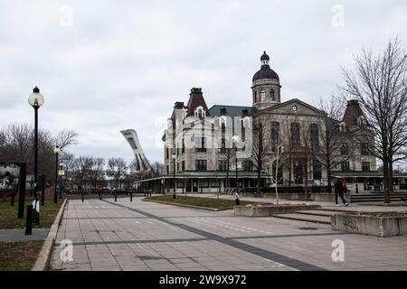 View of Olympic Stadium tower from a park in Montreal, Quebec, Canada Stock Photo